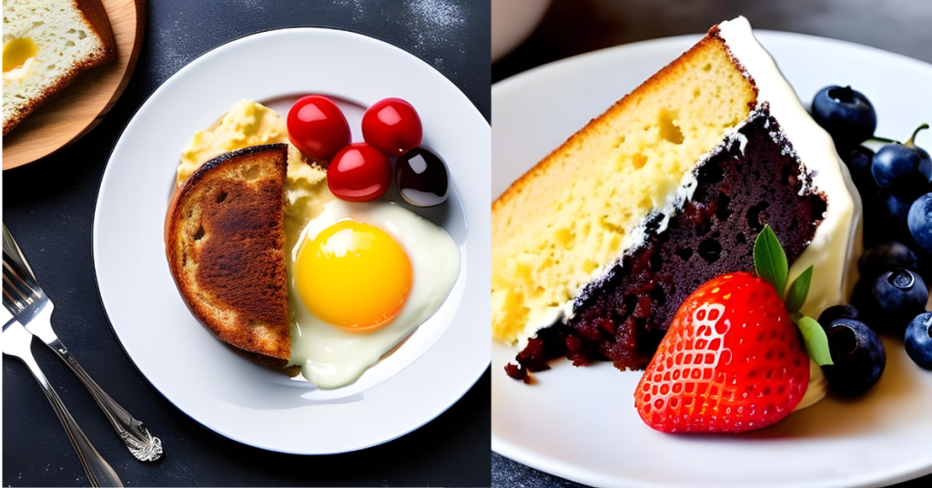 A slice of cake next to a balanced breakfast spread